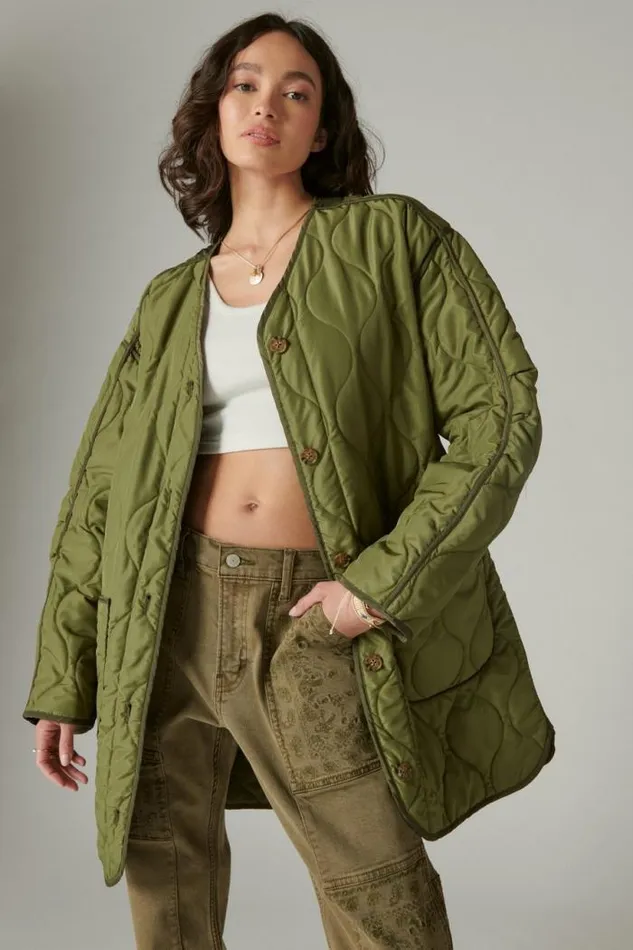 Lucky Brand Longline Quilted Liner Jacket Olive Women Jackets and Outerwear