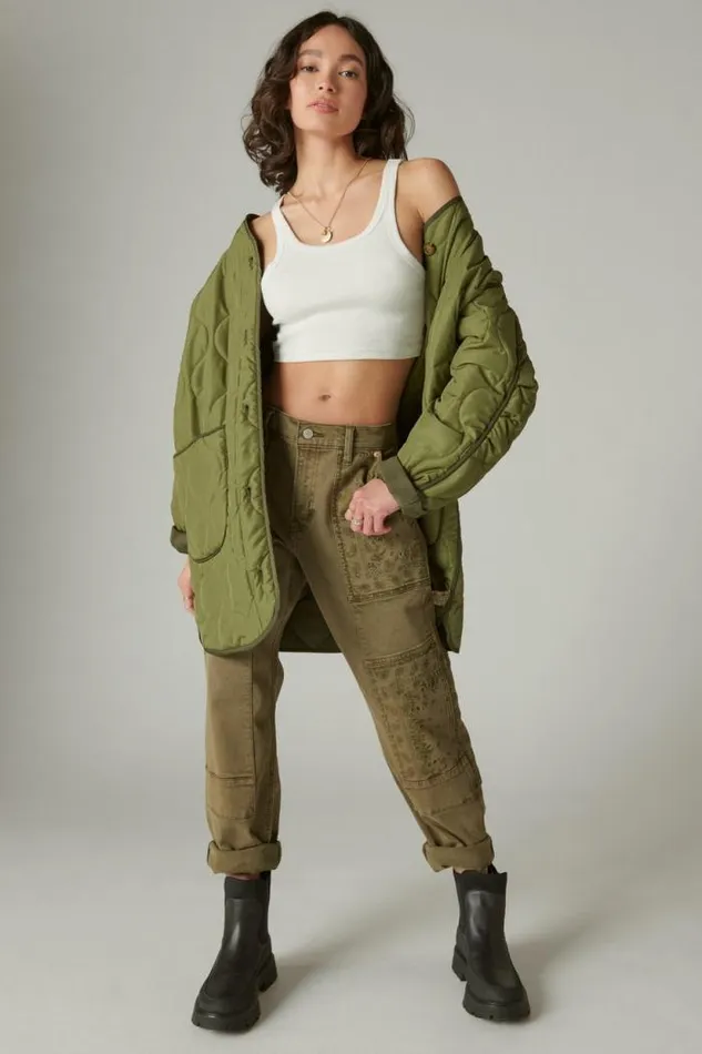 Lucky Brand Longline Quilted Liner Jacket Olive Women Jackets and Outerwear