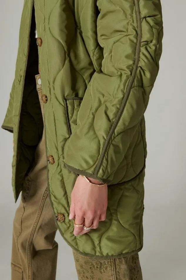 Lucky Brand Longline Quilted Liner Jacket Olive Women Jackets and Outerwear