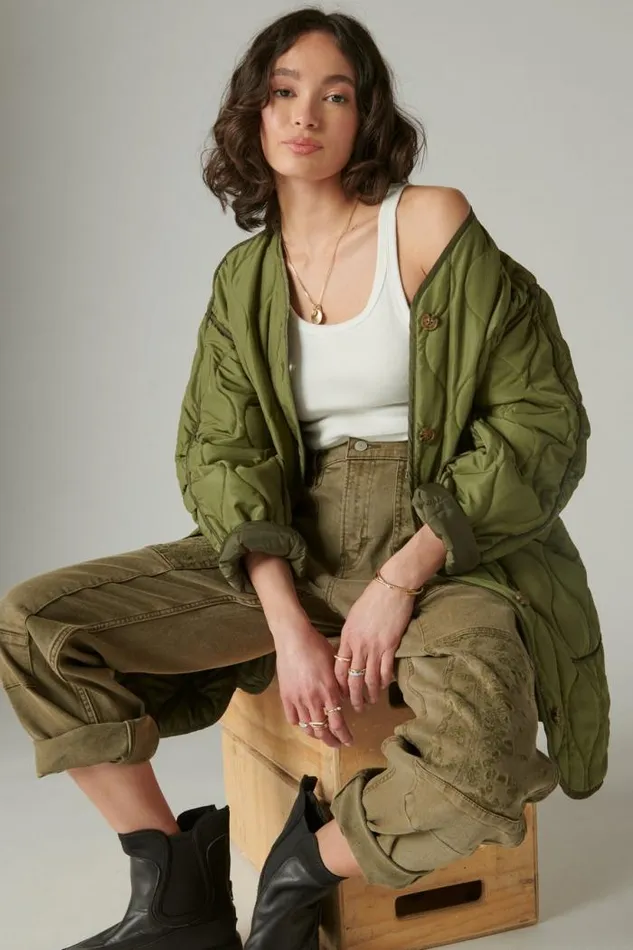 Lucky Brand Longline Quilted Liner Jacket Olive Women Jackets and Outerwear