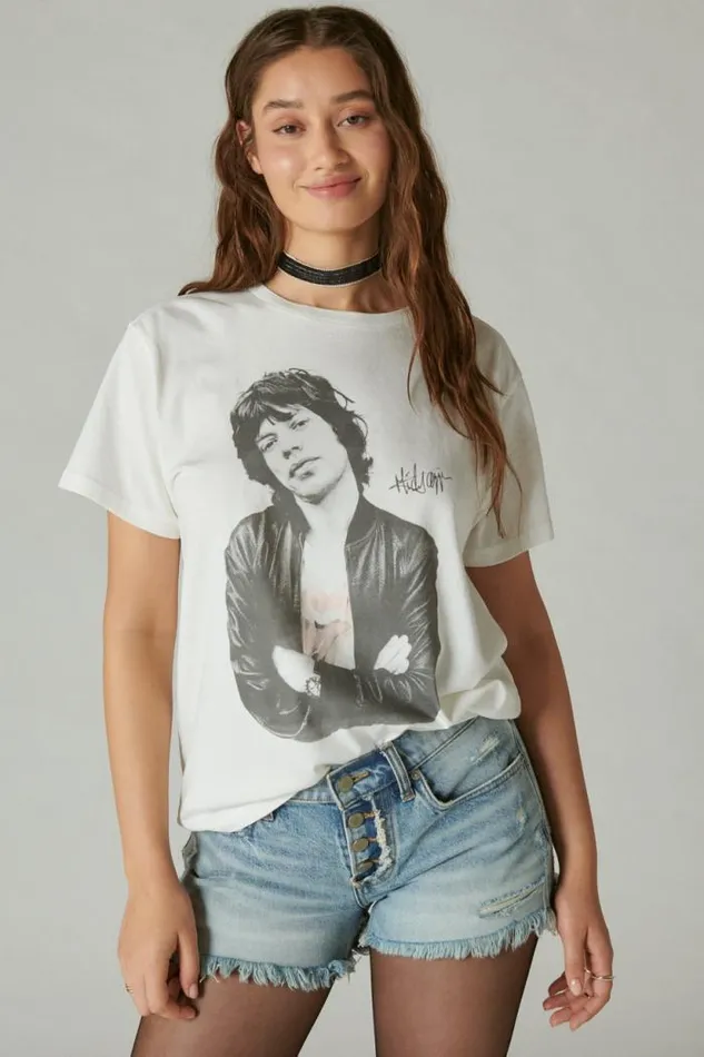 Lucky Brand Mick Jagger Photo Boyfriend Tee Bright White Women Graphic Tees