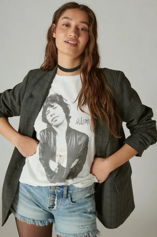 Lucky Brand Mick Jagger Photo Boyfriend Tee Bright White Women Graphic Tees