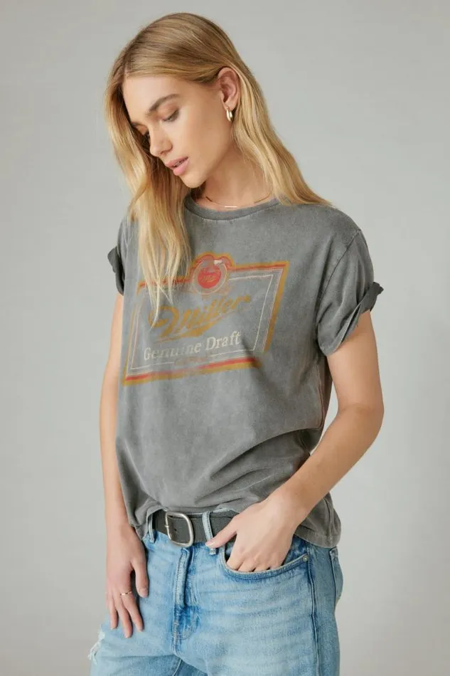 Lucky Brand Miller Genuine Boyfriend Tee Plum Kitten Women Graphic Tees