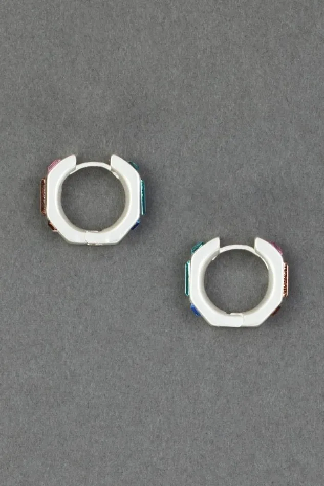 Lucky Brand Multi Color Stone Huggie Hoop Earring Silver Women Jewelry
