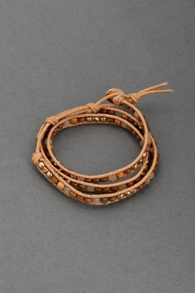 Lucky Brand Natural Stone Beaded Wrap Bracelet Two Tone Women Jewelry