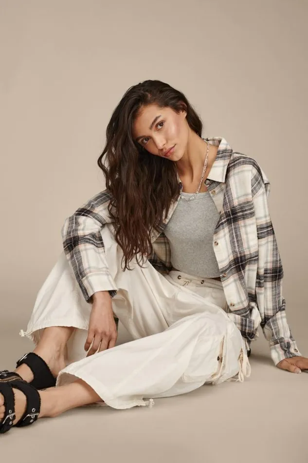 Lucky Brand Oversized Plaid Boyfriend Pocket Shirt Black Plaid Women All Tops
