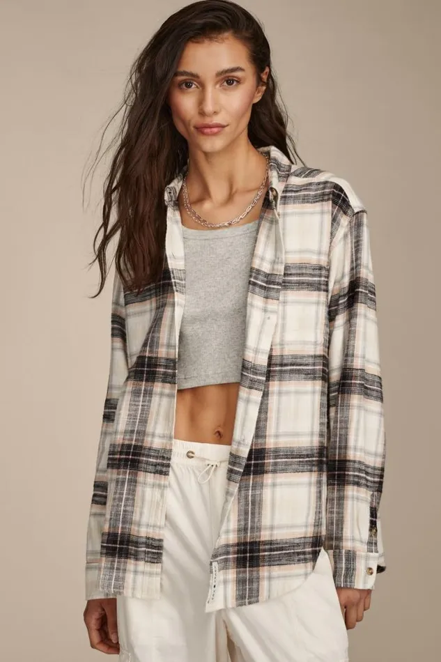 Lucky Brand Oversized Plaid Boyfriend Pocket Shirt Black Plaid Women All Tops