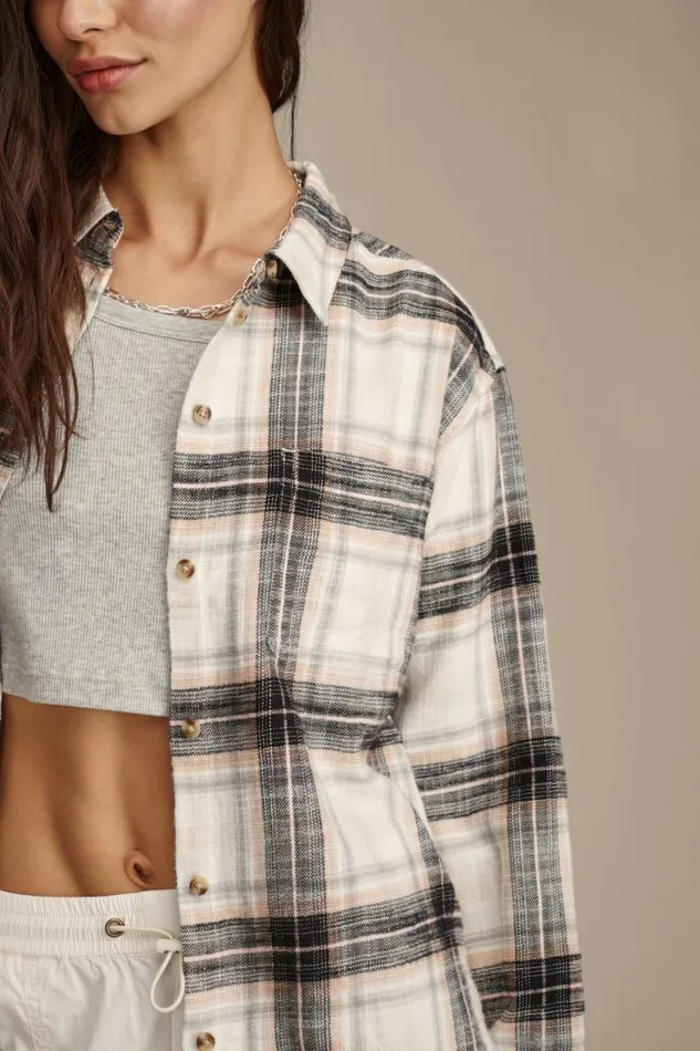 Lucky Brand Oversized Plaid Boyfriend Pocket Shirt Black Plaid Women All Tops
