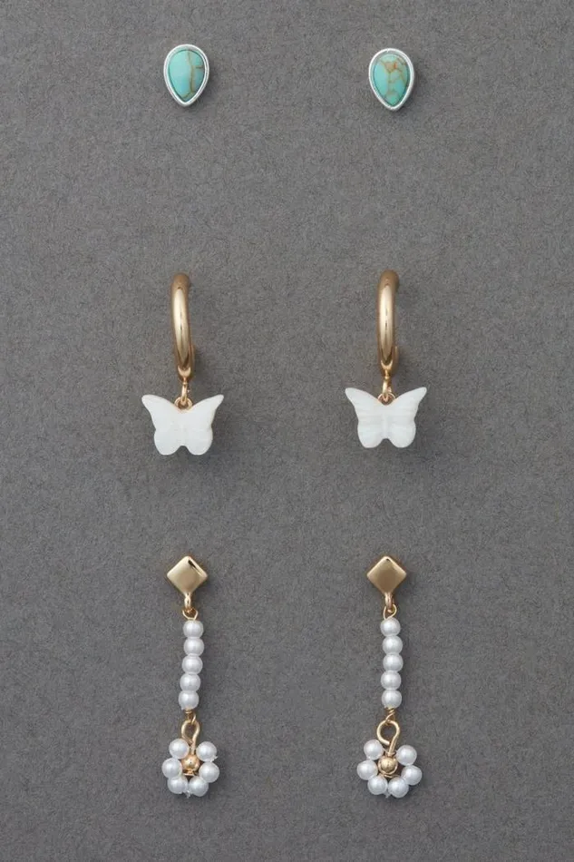 Lucky Brand Pearl And Butterfly Earring Trio Two Tone Women Jewelry