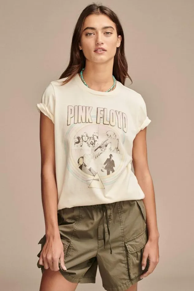 Lucky Brand Pink Floyd Circle Classic Crew Turtledove Women Graphic Tees