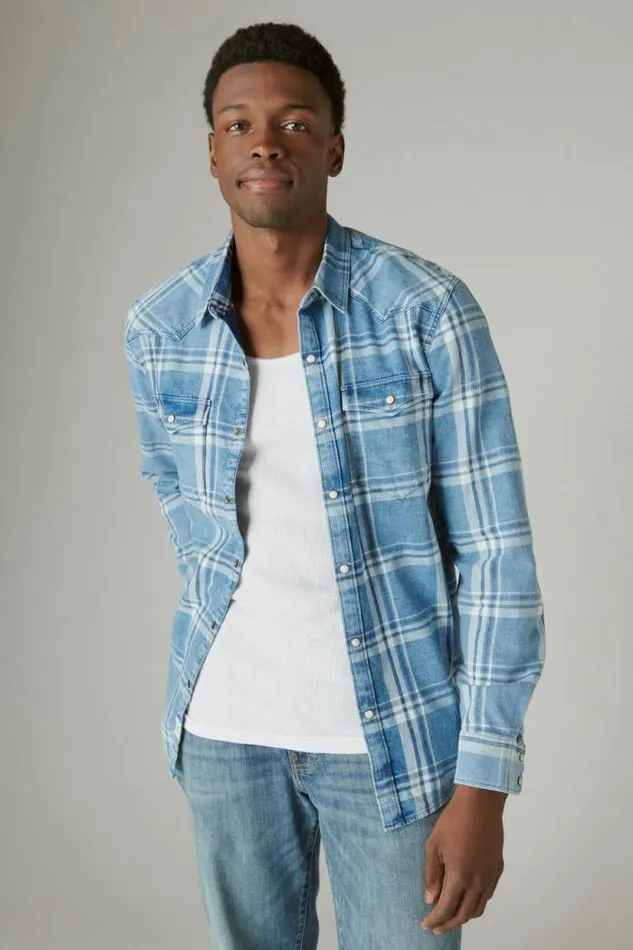 Lucky Brand Plaid Indigo Western Shirt Indigo Plaid Men ButtonDowns