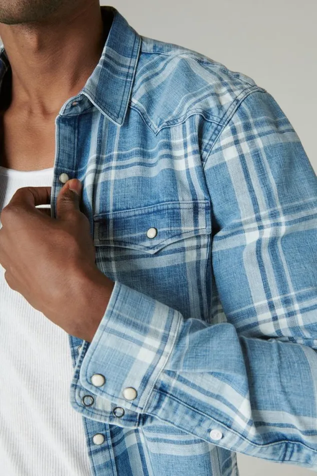Lucky Brand Plaid Indigo Western Shirt Indigo Plaid Men ButtonDowns
