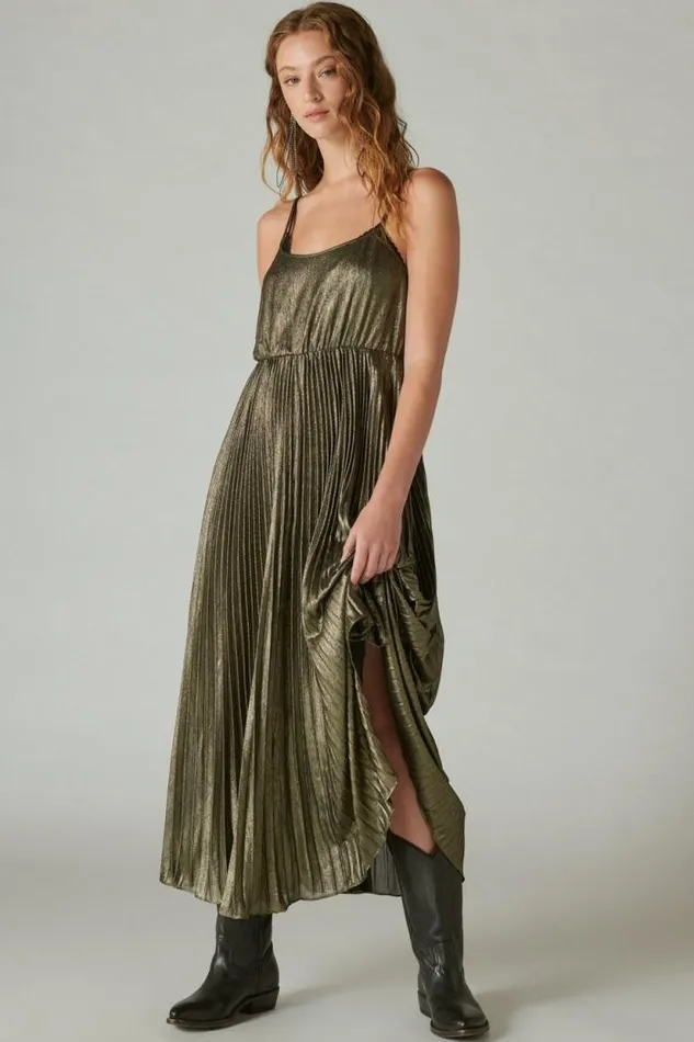 Lucky Brand Pleated Party Midi Dress Gold Women Dresses