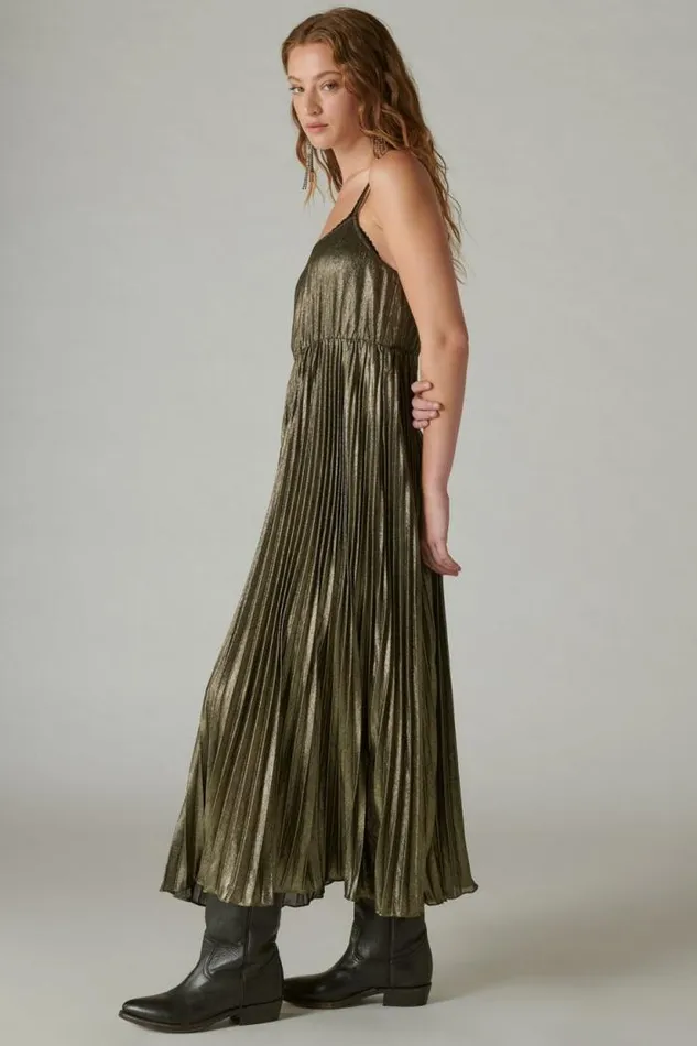 Lucky Brand Pleated Party Midi Dress Gold Women Dresses