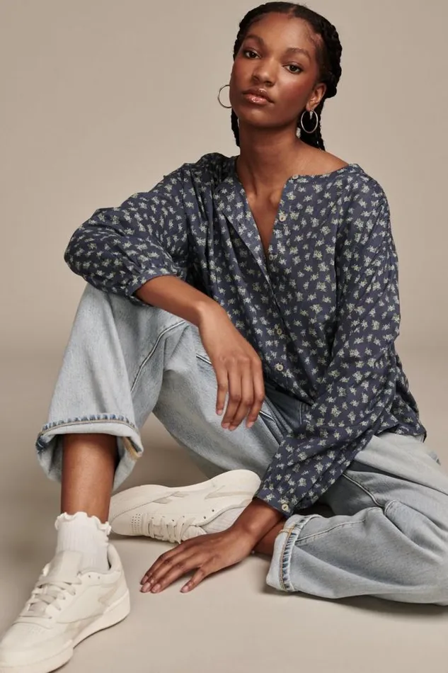 Lucky Brand Printed Smocked Detail Blouse Navy Multi Women All Tops