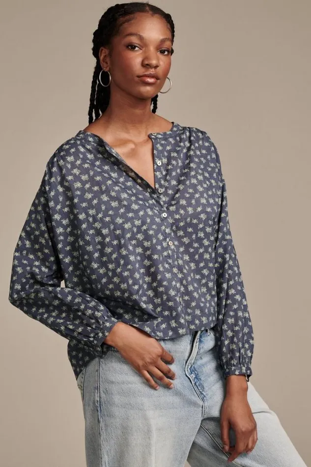 Lucky Brand Printed Smocked Detail Blouse Navy Multi Women All Tops