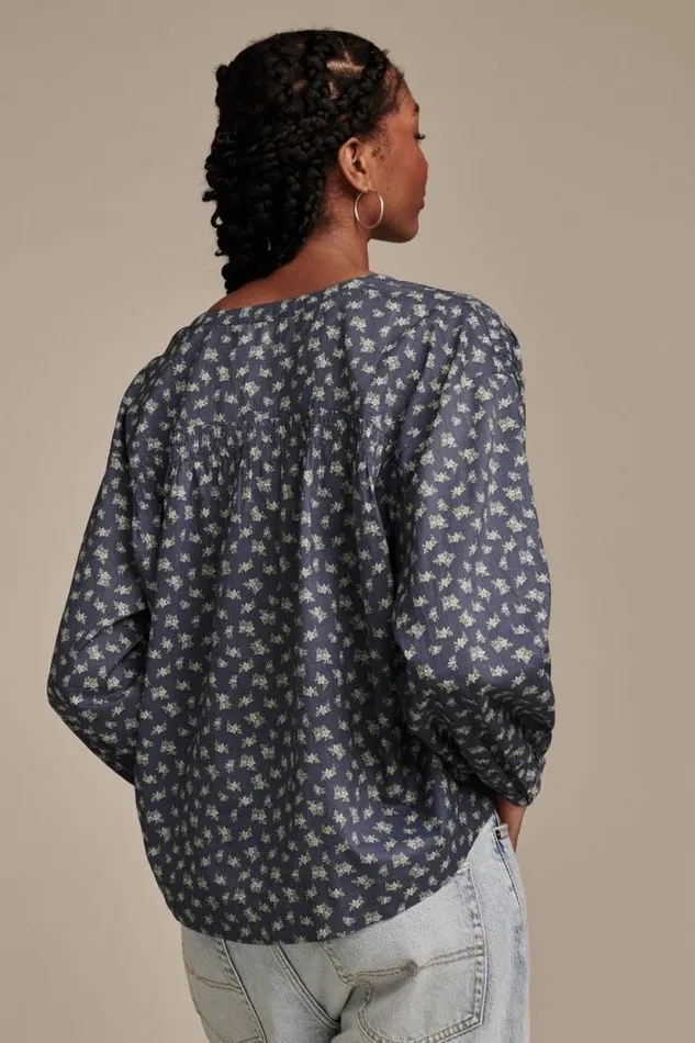 Lucky Brand Printed Smocked Detail Blouse Navy Multi Women All Tops