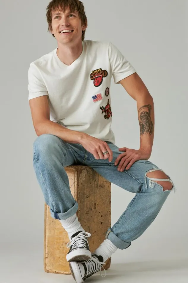 Lucky Brand Rolling Stones Patch Marshmallow Men Graphic Tees