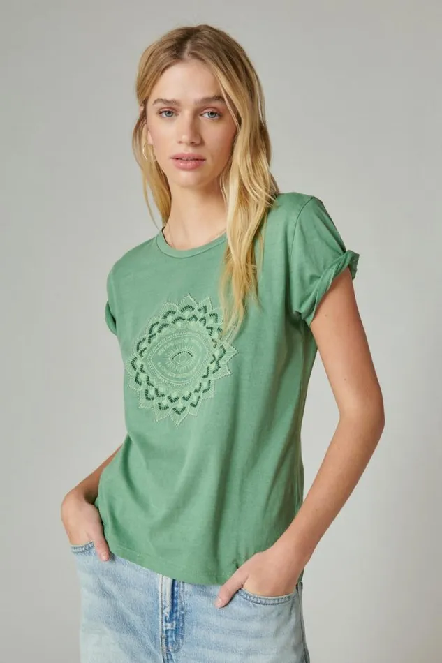 Lucky Brand Seed Beaded Eye Classic Crew Comfrey Women Graphic Tees