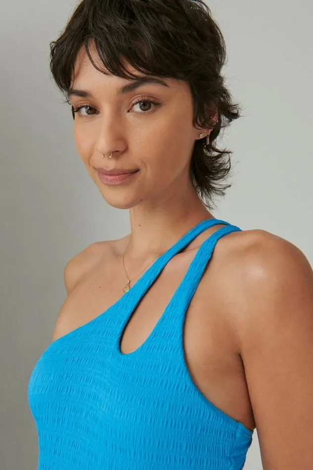 Lucky Brand Seersucker Asymmetrical One Piece Pacific Coast Women Swim