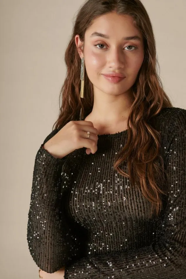Lucky Brand Sequin Knit Top Black Women All Tops