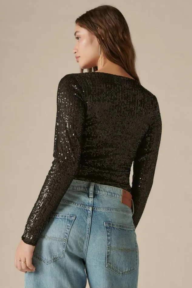 Lucky Brand Sequin Knit Top Black Women All Tops