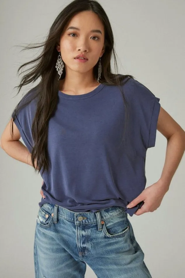 Lucky Brand Short Sleeve Sandwash Dolman Tee Navy Women All Tops