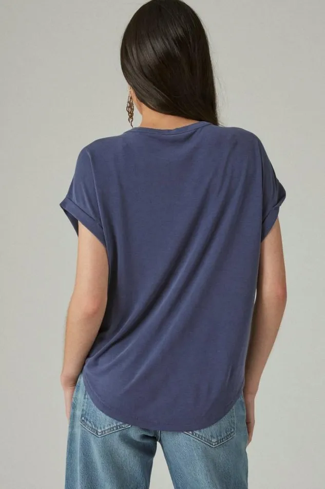 Lucky Brand Short Sleeve Sandwash Dolman Tee Navy Women All Tops