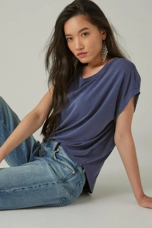 Lucky Brand Short Sleeve Sandwash Dolman Tee Navy Women All Tops