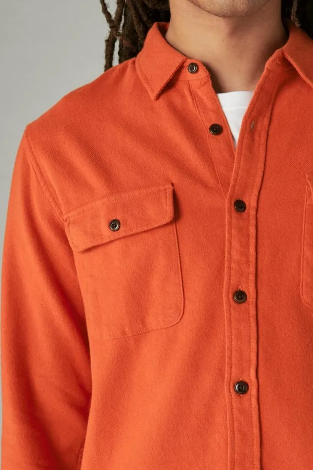 Lucky Brand Solid Utility Cloud Soft Long Sleeve Flannel Orange Men ButtonDowns