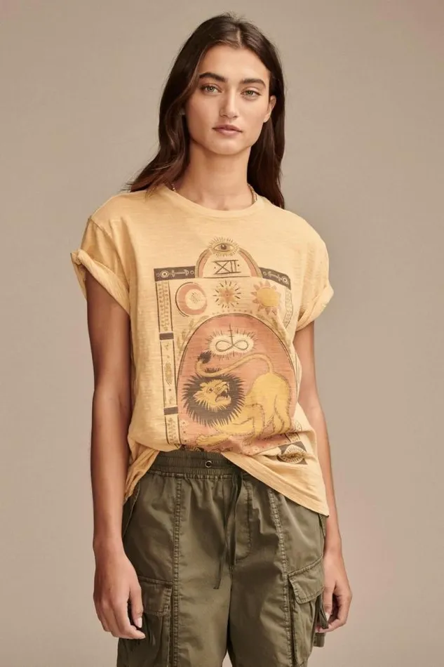 Lucky Brand Strength Lion Boyfriend Tee Rose Spritz Women Graphic Tees