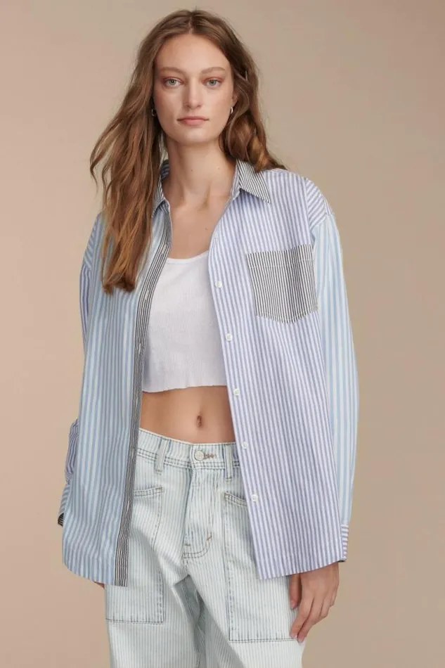 Lucky Brand Stripe Mix Boyfriend Prep Shirt Blue Stripe Mix Women Blouses