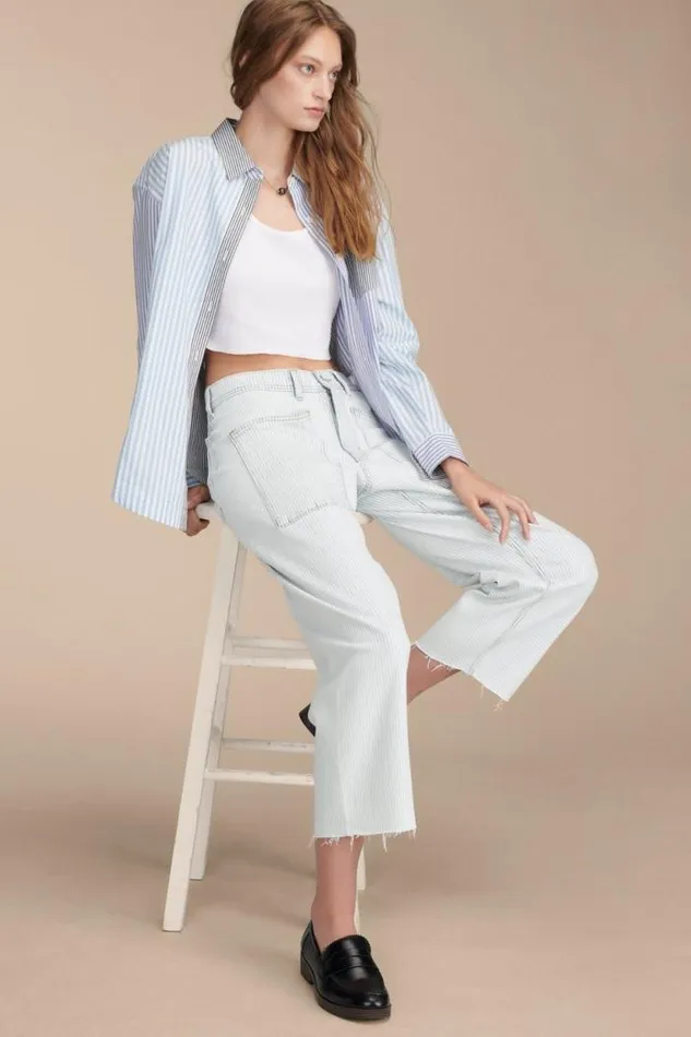 Lucky Brand Stripe Mix Boyfriend Prep Shirt Blue Stripe Mix Women Blouses