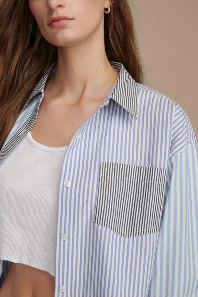 Lucky Brand Stripe Mix Boyfriend Prep Shirt Blue Stripe Mix Women Blouses