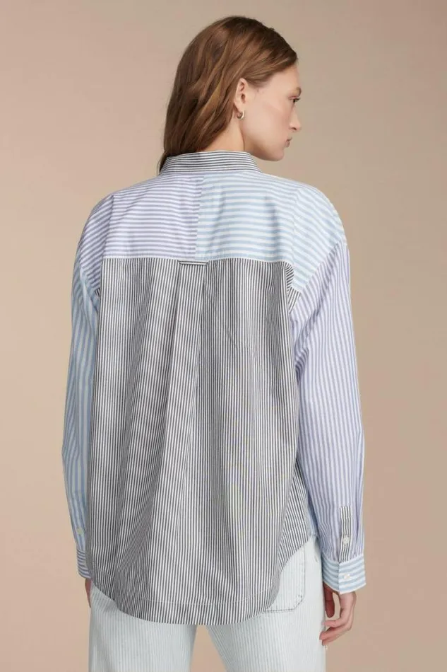 Lucky Brand Stripe Mix Boyfriend Prep Shirt Blue Stripe Mix Women Blouses