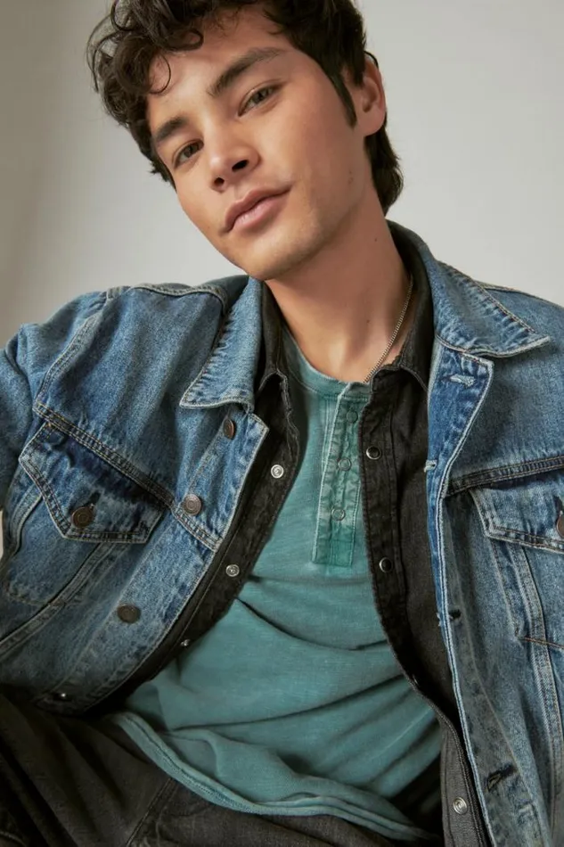Lucky Brand Weekend Slub Jersey Long Sleeve Henley Mineral Blue Men Shirts and Tops