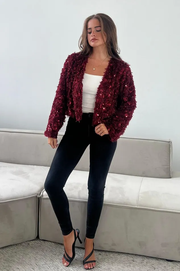 Lynn Sequin Cropped Cardigan Wine Women Girl In Mind Knitwear