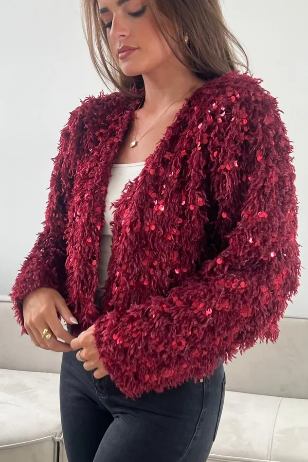 Lynn Sequin Cropped Cardigan Wine Women Girl In Mind Knitwear