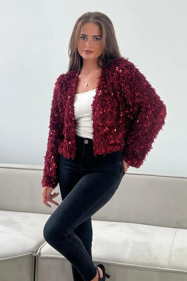 Lynn Sequin Cropped Cardigan Wine Women Girl In Mind Knitwear