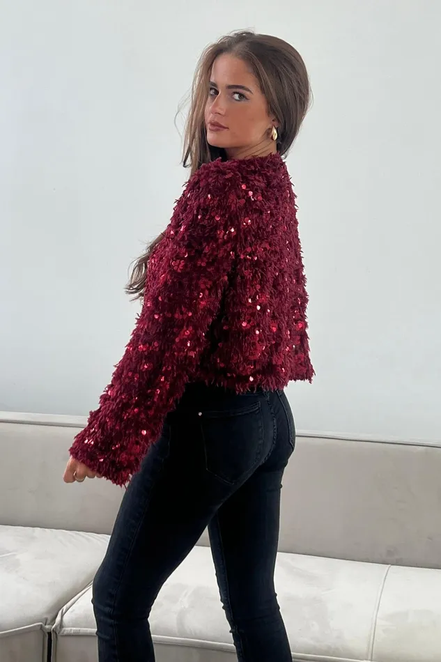 Lynn Sequin Cropped Cardigan Wine Women Girl In Mind Knitwear