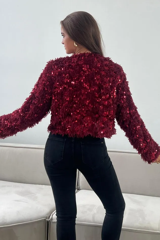 Lynn Sequin Cropped Cardigan Wine Women Girl In Mind Knitwear