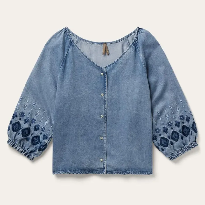 Lyocell Denim Snap Front Blouse Blue Women Stetson Blouses
