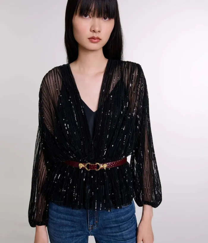 Maje Belted Sequin Shirt Women Tops and Shirts