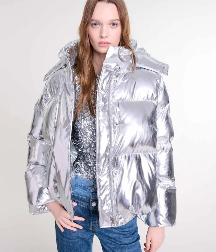Maje Silver Hooded Jacket Women Coats