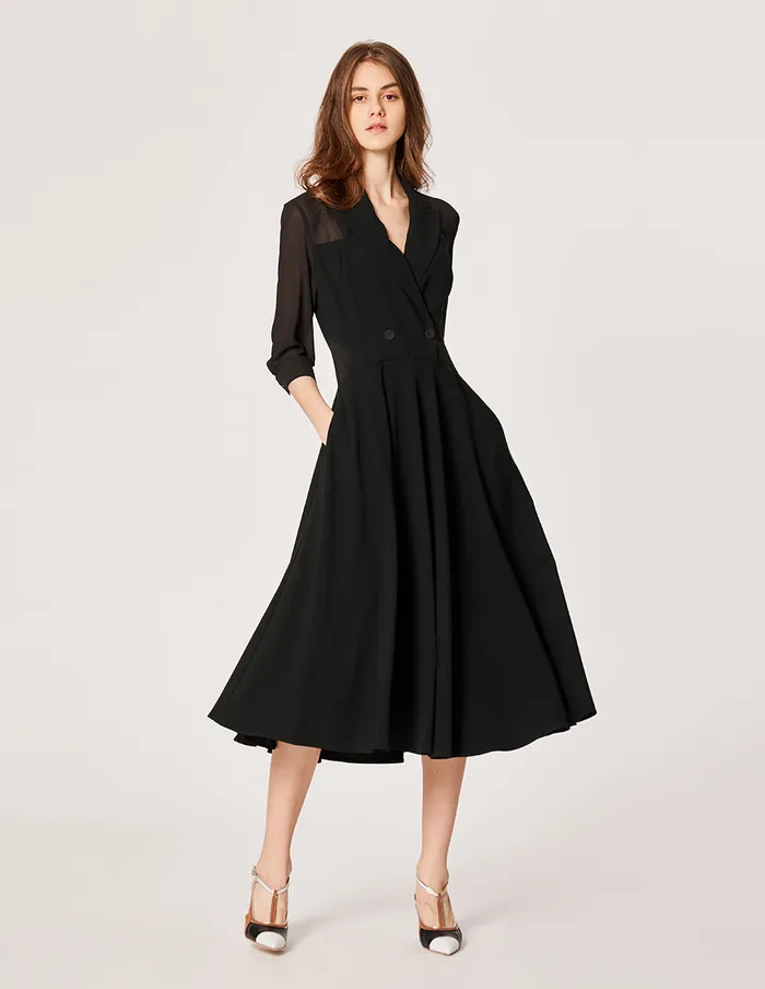 MARYLING Black Dress BLACK SUIT COLLAR GEORGETTE PATCH DRESS Black 8211 Women MARYLING Black Dress BLACK SUIT COLLAR GEORGETTE PATCH DRESS Black 8211 Women