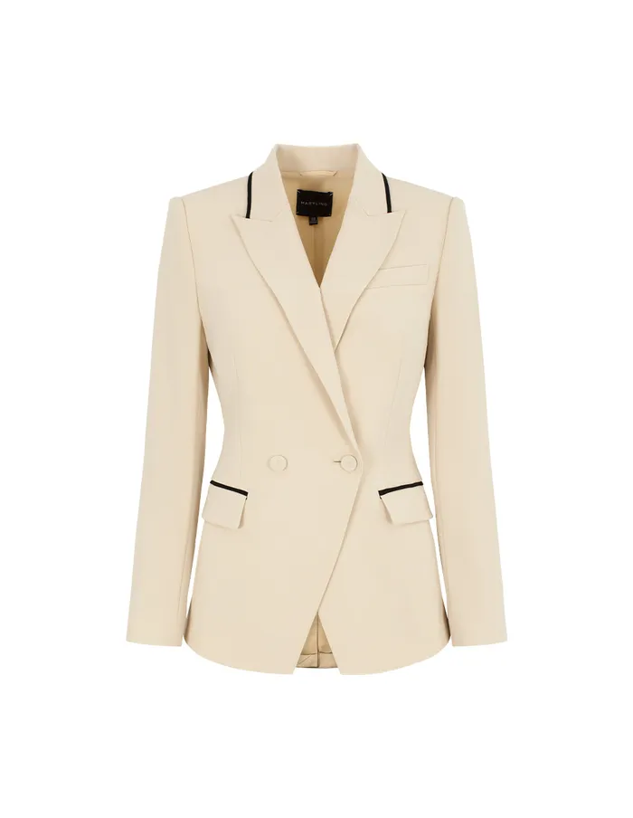 MARYLING Blazers BlackTrim Peaked Lapel DoubleBreasted Blazer Beige 8211 Women MARYLING Blazers BlackTrim Peaked Lapel DoubleBreasted Blazer Beige 8211 Women