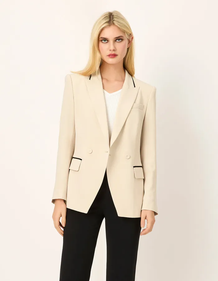 MARYLING Blazers BlackTrim Peaked Lapel DoubleBreasted Blazer Beige 8211 Women MARYLING Blazers BlackTrim Peaked Lapel DoubleBreasted Blazer Beige 8211 Women
