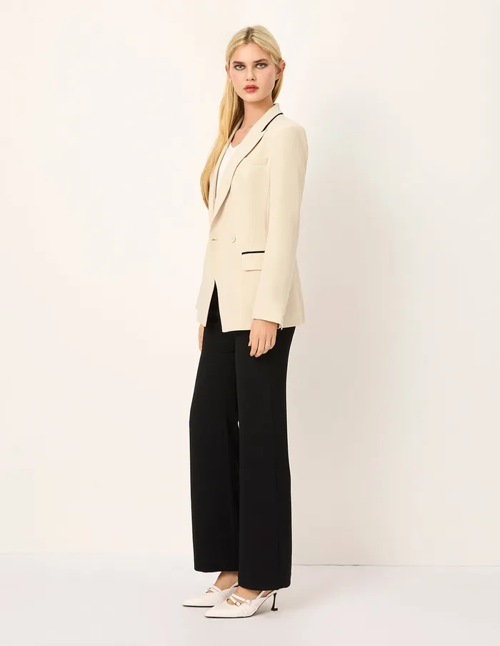 MARYLING Blazers BlackTrim Peaked Lapel DoubleBreasted Blazer Beige 8211 Women MARYLING Blazers BlackTrim Peaked Lapel DoubleBreasted Blazer Beige 8211 Women
