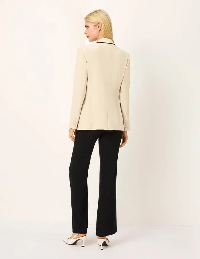MARYLING Blazers BlackTrim Peaked Lapel DoubleBreasted Blazer Beige 8211 Women MARYLING Blazers BlackTrim Peaked Lapel DoubleBreasted Blazer Beige 8211 Women
