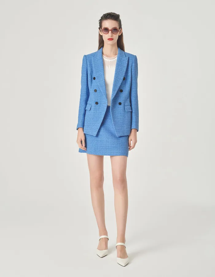 MARYLING Blazers Ice Blue Tweed Peaked Lapel DoubleBreasted Blazer Blue 8211 Women MARYLING Blazers Ice Blue Tweed Peaked Lapel DoubleBreasted Blazer Blue 8211 Women